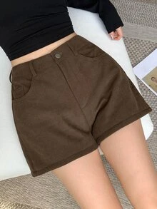 DAZY 女款棕色燈芯絨高腰直筒鈕扣休閒復古街頭風學院風辣妹短褲，秋冬款 - 棕色 - 查看 6