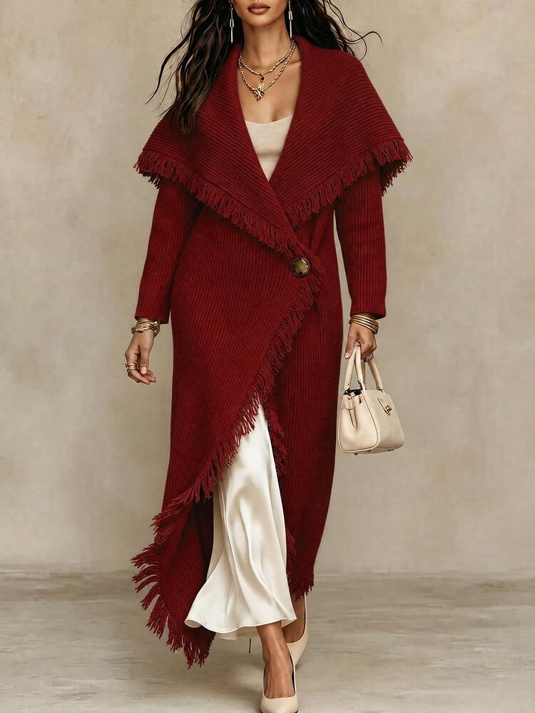 SHEIN Women's Solid Color Tassel Design Casual Versatile Daily Wear Cardigan - Burgundy - View 5