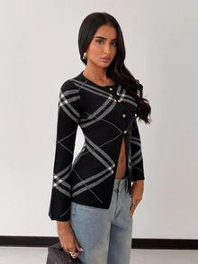 Glamine Women's Striped Long Sleeve Single-Breasted Casual Knit Cardigan - Black and White - View 7