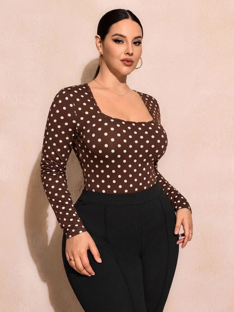 SHEIN SXY Plus Size Casual Brown Polka Dot Knit Fitted Square Neck Long Sleeve Bodysuit, Suitable For Autumn/Winter - Multicolor - View 4