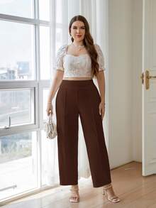 SHEIN PETITE CURVE 大尺碼女款純色休閒直筒長褲，適合日常穿著 - 咖啡棕 - 查看 4