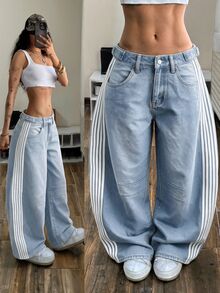 StreetHx Women's Side Stripe Pocket Wide Leg Loose Casual Denim Jeans - Light Wash - View 4