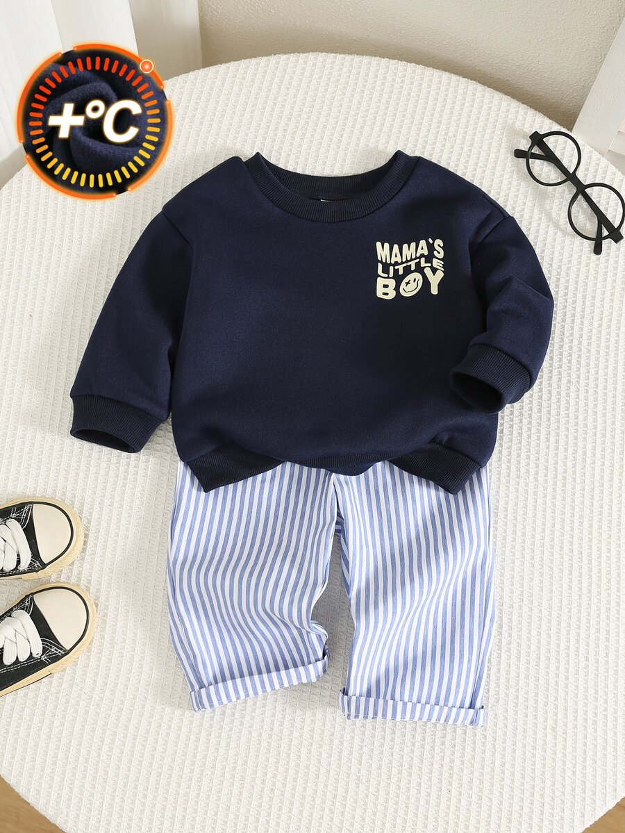 2pcs/Set Baby Boy Autumn/Winter Casual Blue Sweatshirt And Striped Long Pants Set, Sweatshirt Set, Blue Set, Infant Set, Striped Set - Multicolor - View 1