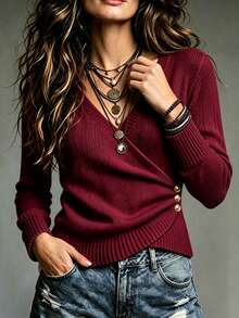 LUMIGAL Women's Solid Color Overlap V-Neck Long Sleeve Side Waist Button Design Sweater - Burgundy - View 3