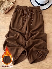 Rusticease Women's Solid Color Drawstring Waist Pocket Loose Casual Long Pants - Coffee Brown - View 1
