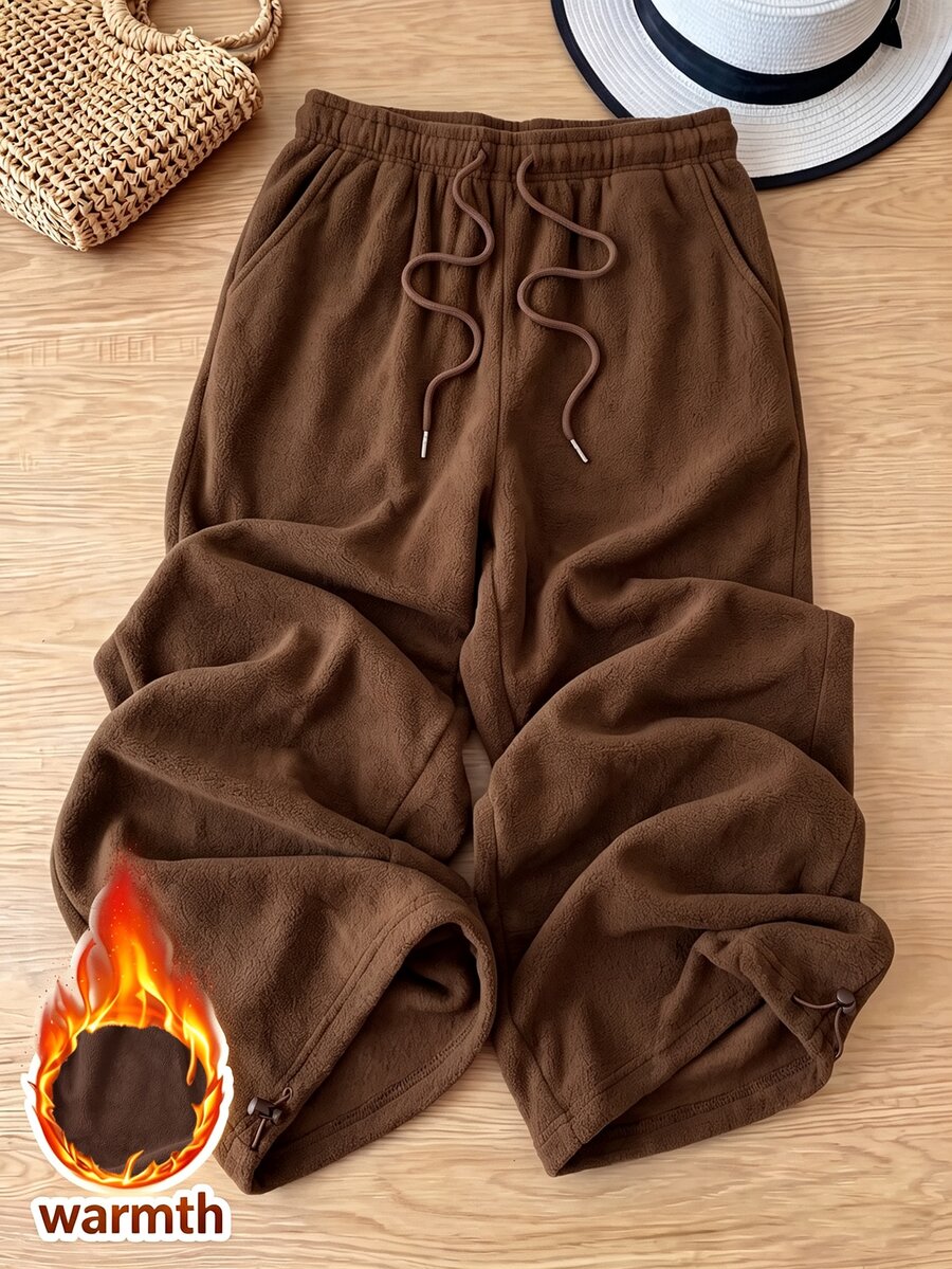 Rusticease Women's Solid Color Drawstring Waist Pocket Loose Casual Long Pants - Coffee Brown - View 1