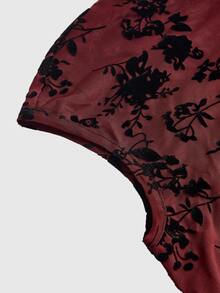 ROMWE Avant Summer Outfits New Chinese Style Plant Flocked Sheer Mesh Top With Cheongsam Collar - Burgundy - View 4