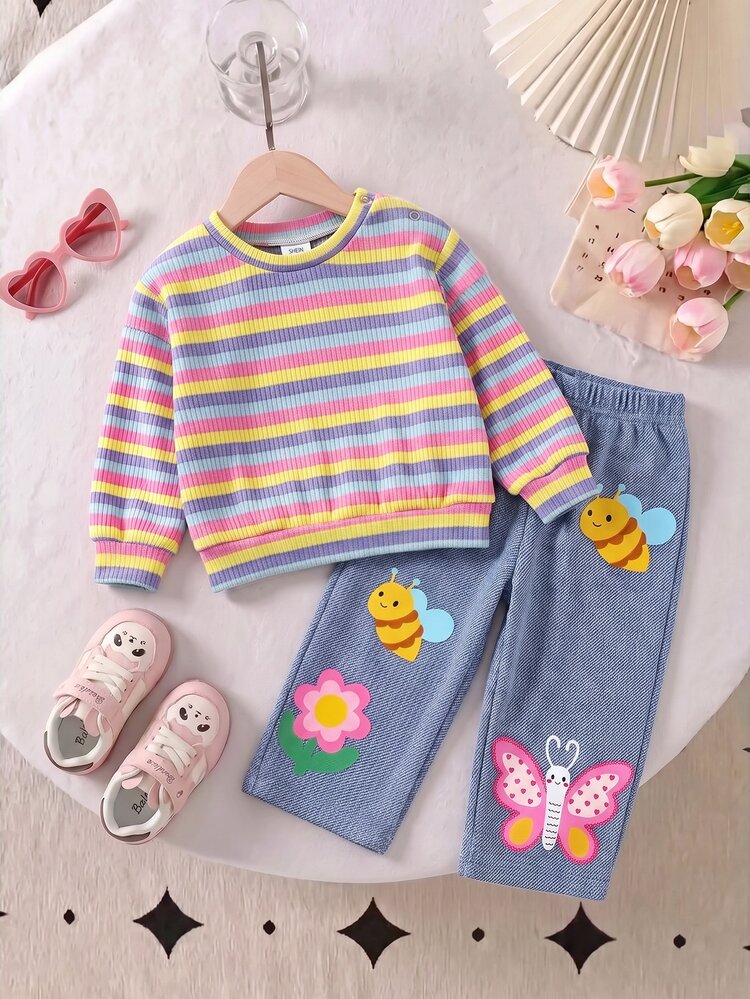 SHEIN Conjunto casual diario de top de manga larga a rayas y pantalones para bebé recién nacido - Multicolor - Añade 6