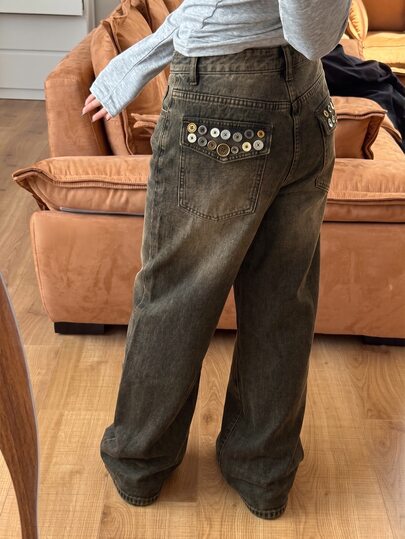 Rivivi Blugi drepți vintage Y2K Street, personalizați, decorativi, cu butoane și efect washed