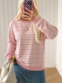 SHEIN EZwear 女款休閒圓領寬鬆條紋運動衫，秋冬女裝 - 彩色 - 查看 6