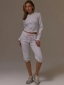 Musera Sport Elasticated Drawstring Waist Loose Fit Cuffed Capri Pants Cute Girly Autumn Winter Fall Gym Holiday Dainty Ice - Grey - View 1