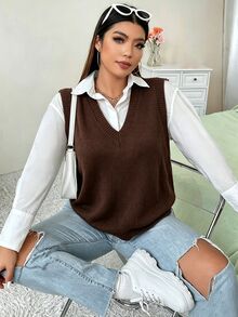 Flirla 大尺碼女款純色V領休閒百搭針織背心 - 咖啡棕 - 查看 4