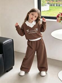 SHEIN Elladie kids 2pcs/Set Girls' Vintage Preppy Outfit, Matching Solid Color Straight-Leg Pants, Clean Fit, Suitable For School And Weekend Outings, Versatile Spring/Autumn Set - Brown - View 1