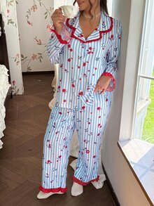 CottageSlumber Plus Size Women's Striped Floral Print Long Sleeve & Long Pants Pajama Set, Ruffle Trim, Romantic Pastoral Style, Comfortable Home Sleepwear Set - Blue - View 6
