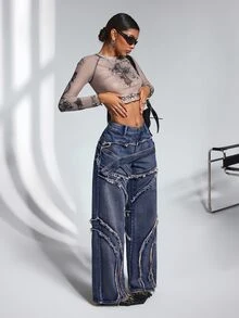 SHEIN PETITE Women's Frayed Hem Casual Versatile Everyday Jeans - Blue - View 6