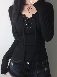 DAZY 女款V領長袖灰色繫帶前襟交叉包覆修身羅紋針織收腰T恤 - 黑色 - 查看 1