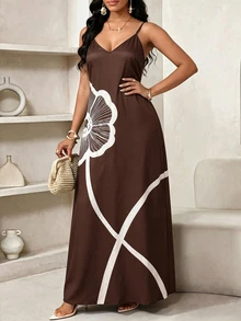 SHEIN Lady Plus Size Women's Floral Print Casual Spaghetti Strap Vacation Dress - Brown - View 3