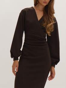 MUSEYN Brown Soft V Neck Wrap Detail Maxi Dress Versatile Everyday Casual Chic New Season Fall - Coffee - View 2