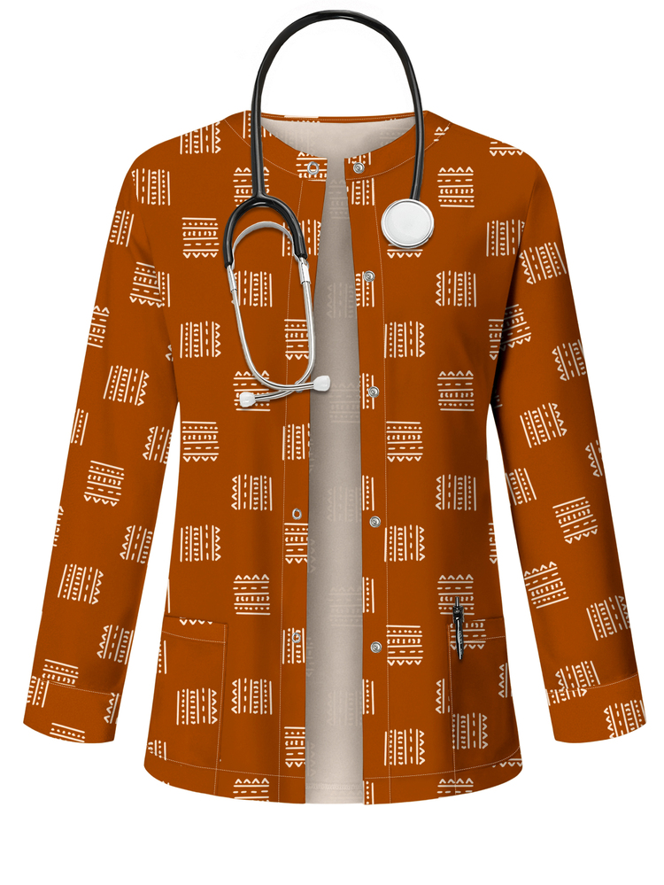 PopScrub Caramel Brown Bohemian Geometric Totem Print Scrub Jacket, Autumn/Winter Fashion Cardigan With Hanging Ear Design Women's Nurse Scrub Uniform Top, Scrub Uniform Jacket, Women's Gentle Style Surgical Workwear, Suitable For Hospitals And Various Institutions - Multicolor - View 1