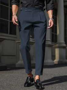Manfinity Mode Men's Casual Solid Color Tapered Formal Pants For Commuting, Autumn, Fall Formal - Navy Blue - View 1