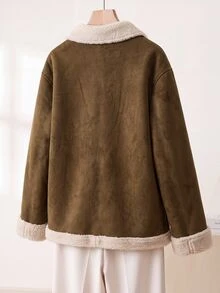 Rusticease Color Block Zipper Pocket Waist Cinched Mid-Length Windbreake Club Everyday Brown And White Polka Dot Fall Vintage Casual - Brown - View 2