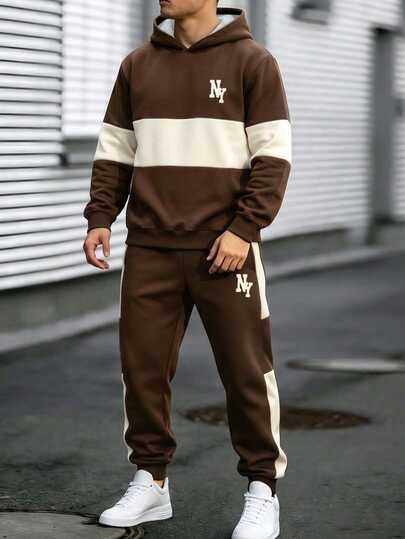 Ensemble sweat-shirt 2 pièces pour adolescents garçons automne/hiver, sweat-shirt à capuche imprimé lettres bloc de couleurs marron & blanc avec pantalon de survêtement à rayures latérales et poignets, tenue de sport décontractée américaine