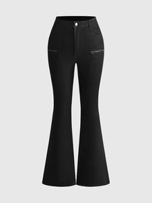 ROMWE Celana Jeans Model Flare Denim Berlapis Gaya Jalanan Indie Sleaze Y2K dengan Dekorasi Rivet di Saku, Ukuran Plus - Hitam - View 2