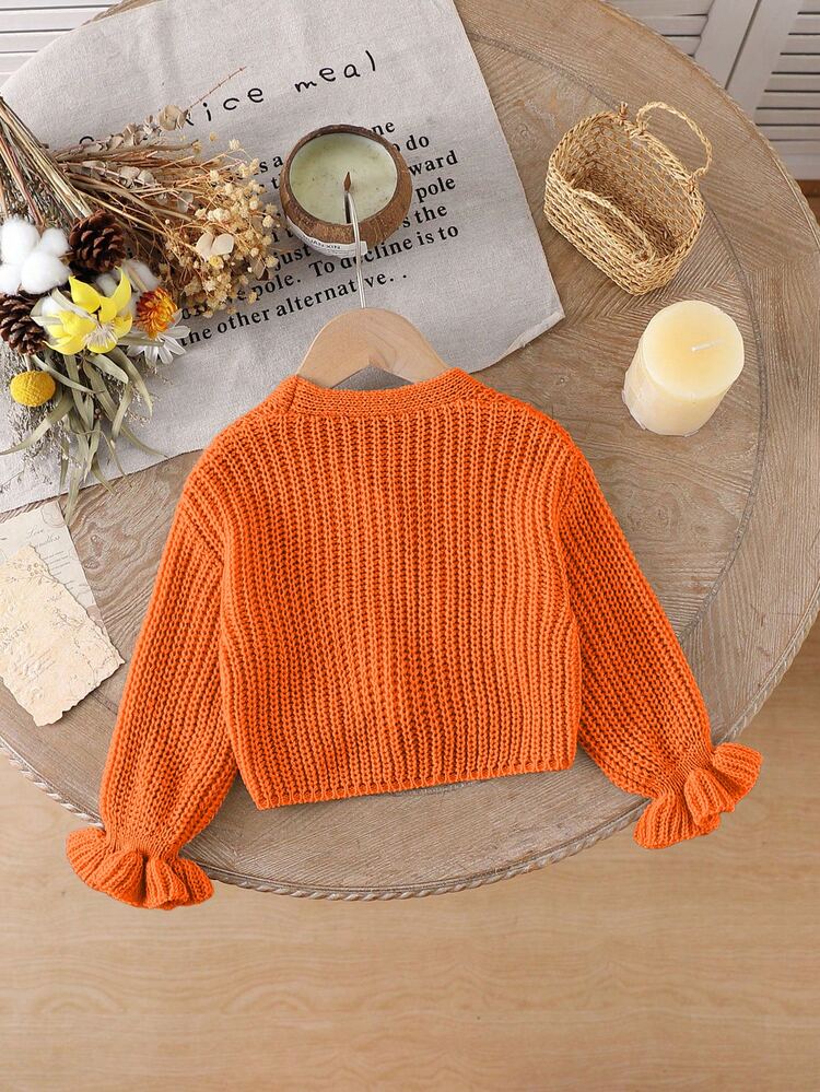 SHEIN 1pc Baby Girls' V-Neck Sweater,Light Beige,Autumn,Cute,Family Matching Knit Cardigan Jacket With Symmetrical Pockets,Ruffle Hem,Ribbed Cuffs,Soft Knit - Orange - View 2