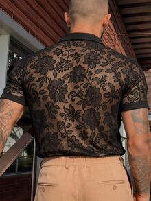 Manfinity Homme Kemeja Kasual Jacquard Pria Ukuran Besar, Cocok untuk Acara Sosial - Hitam - View 2