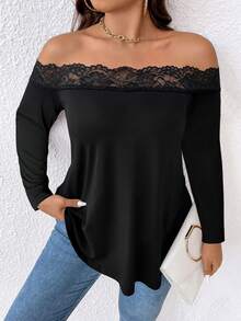 EMERY ROSE Plus Size Women's Elegant Sexy Casual Minimalist Commute Versatile Slimming Daily Lace Trim Patchwork Off-Shoulder Design Long Sleeve T-Shirt Fall - Black - View 6