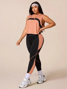 SHEIN Rhythm Era 女款運動瑜伽戶外健身訓練套裝，抽繩連帽無袖寬鬆運動衫，胸前弧形對比色設計，線條與色塊對比緊身褲 - 彩色 - 查看 3