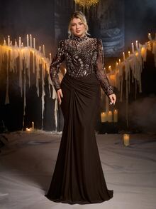 Glamrae Plus Size Women's Patchwork Sequin Mesh Ruffle Mermaid Hem Elegant Formal Evening Gown (Heavy Embellished) - Coffee Brown - View 4