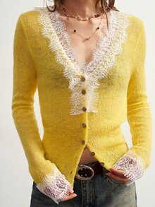 Bohemela Women's Contrast Lace V-Neck Long Sleeve Single-Breasted Knit Cardigan - Yellow - View 1