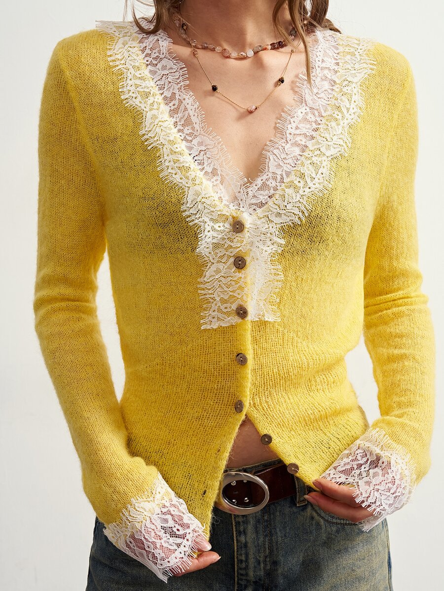 Bohemela Women's Contrast Lace V-Neck Long Sleeve Single-Breasted Knit Cardigan - Yellow - View 1
