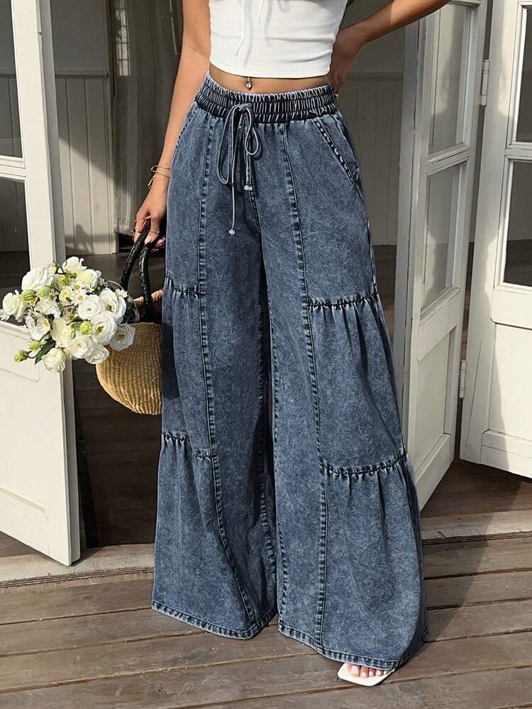 Sunnyshic Plus Size Women's Drawstring Waist Casual Versatile Daily Wear Denim Jeans,Fall/Winter - Dark Wash - View 7