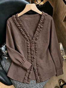 Franclia Women's Long Sleeve Ruffle V-Neck Blouse, Elegant Casual Commute Vacation Style - Coffee Brown - View 4