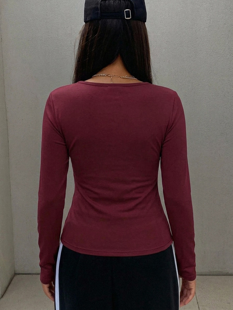 DAZY Women's Solid Color Round Neck Long Sleeve Casual Thermal Lined T-Shirt - Burgundy - View 3