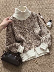 Grovea Sweater Cardigan Wanita Ukuran Plus dengan Motif Krisan Berwarna-warni dari Benang Khusus, Jaket Kasual Serbaguna untuk Musim Gugur/Dingin - MultiWarna - View 6