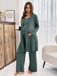 Slowluna Conjunto de maternidad de unicolor con top sin mangas, pantalones y chaqueta para lactancia, otoño - Verde - Ver 8
