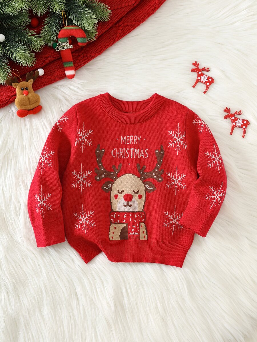 SHEIN 嬰兒男/女童、幼兒秋冬保暖內裡加厚可愛馴鹿聖誕毛衣，嬰兒聖誕毛衣 - 紅色 - 查看 1