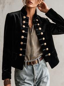LUMIGAL Women's Double-Breasted Metal Button Design Long Sleeve Casual Napoleon Winter Coat - Black - View 4