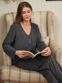 Doze Lane Casual Plush Open Front V-Neck Long Sleeve Long Pants Women's Pajama Set - Dark Grey - View 3