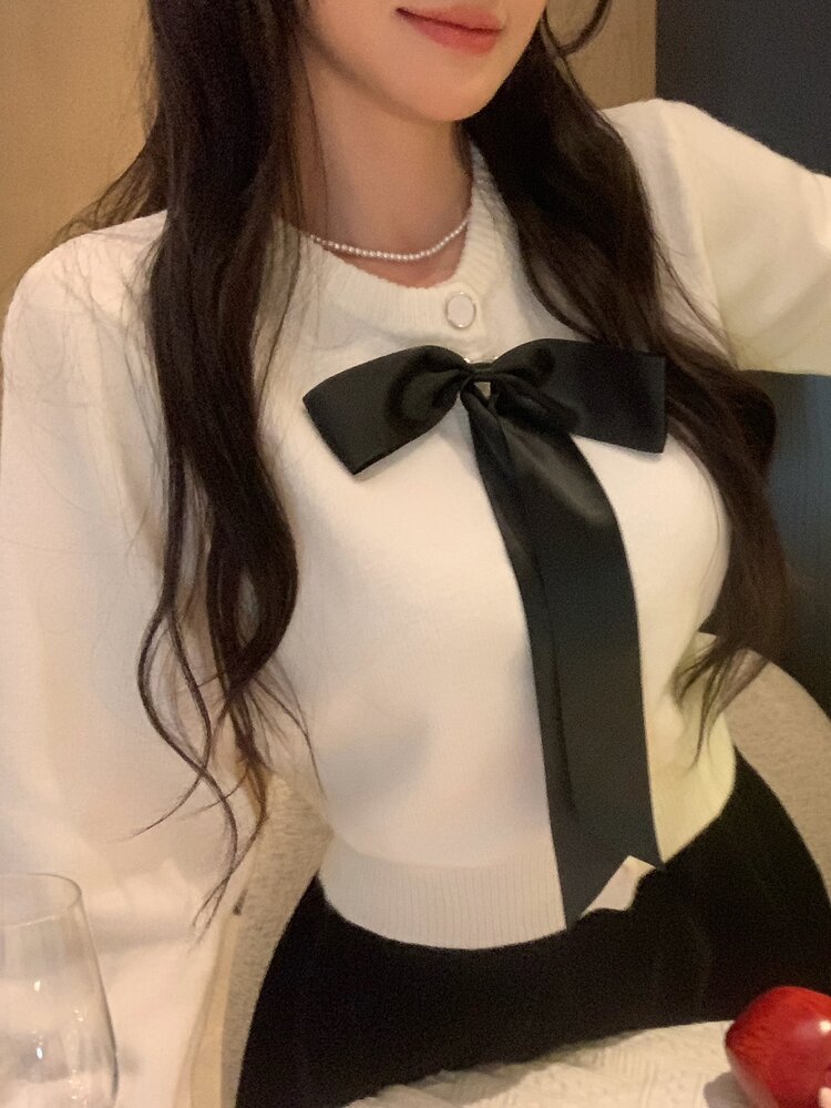 DAZY 女款蝴蝶結裝飾長袖單排扣針織開襟衫 - 米色 - 查看 12