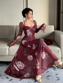DAZY Women's Floral Print Sweetheart Neck Halter Flared Sleeve Elegant Dress - Burgundy - View 8
