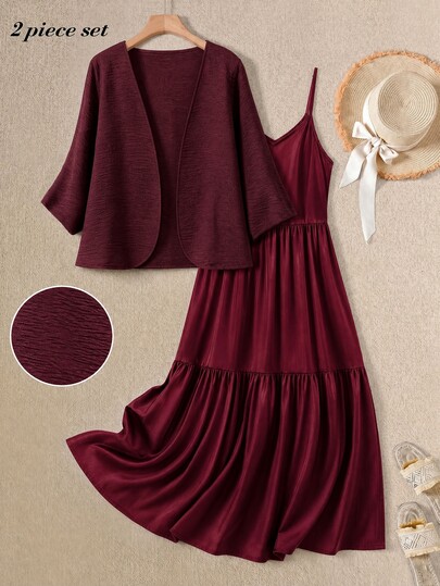 Rusticease Women's Solid Color Open Front Jacket And Ruffle Hem Cami Dress Casual 2 Pieces Set