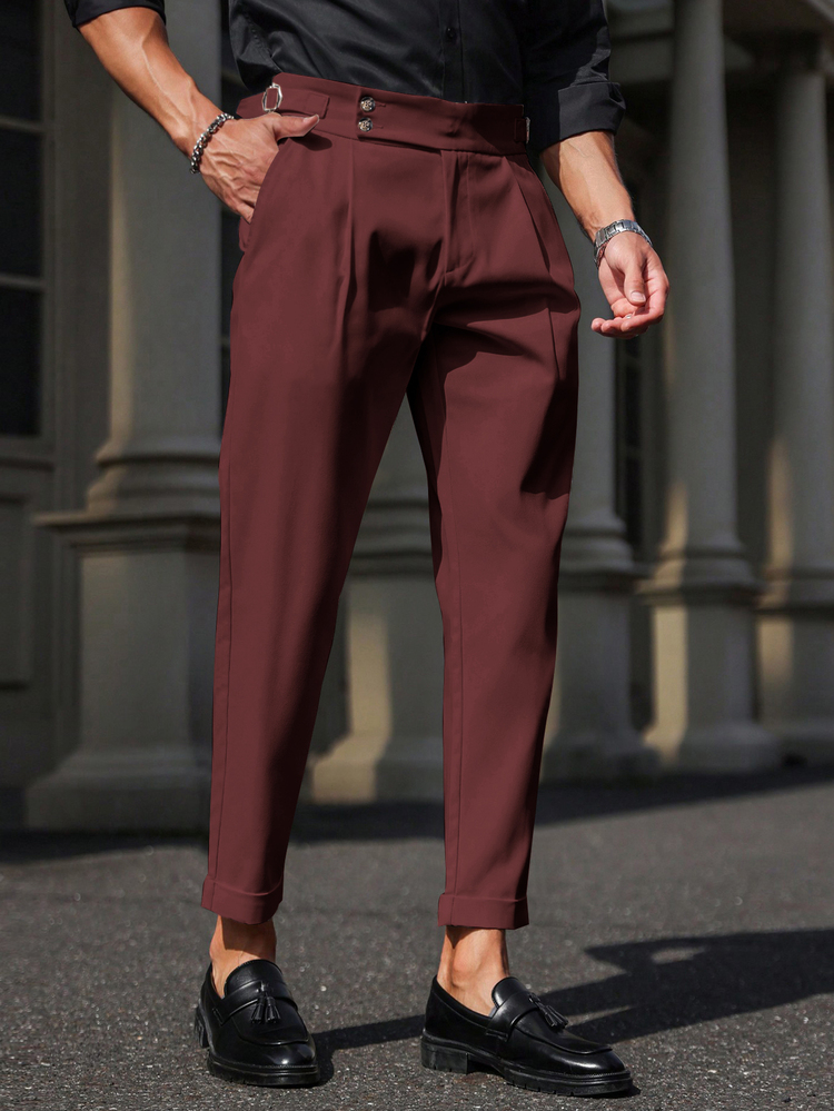 Manfinity Mode Men's Casual Solid Color Tapered Formal Pants For Commuting, Autumn, Fall Formal - Burgundy - View 4