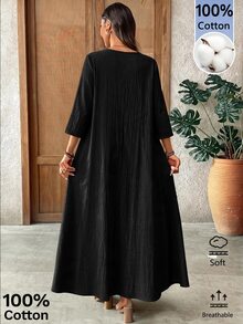 EMERY ROSE Women's Solid Color Round Neck Pleated Design Casual Boho Loose Long Dress Vacation Black Fall Vacation Vacation - Black - View 2