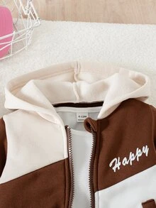 SHEIN 2件組女嬰外套褲子套裝 可愛棕色拼接刺繡長袖連帽加厚戶外秋冬運動休閒舒適T恤 - 棕色 - 查看 7