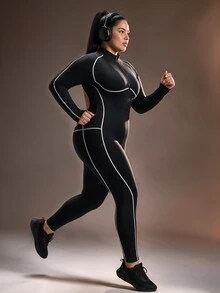 Powerista Plus Size Women's Form-Fitting Sports Jumpsuit With Mock Neck And Back Cutout Detail Ideal For Intense Workouts Athletic Jumpsuit Half-Placket Design - Black - View 4