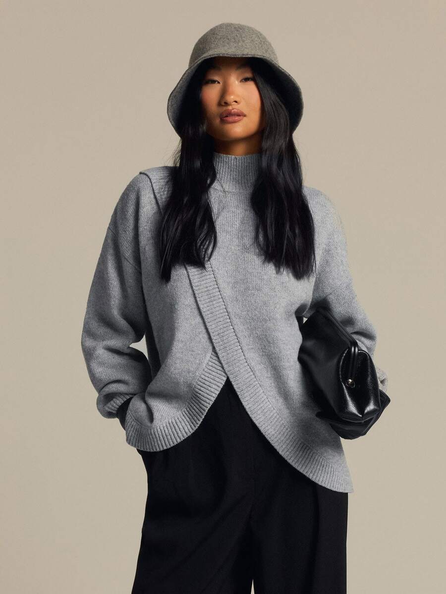 COSMINA Women's Grey Pullover Sweater With Stand Collar And Cross Design, Long Sleeve, Casual Fall/ Outfit Everyday Travel - Grey - View 1